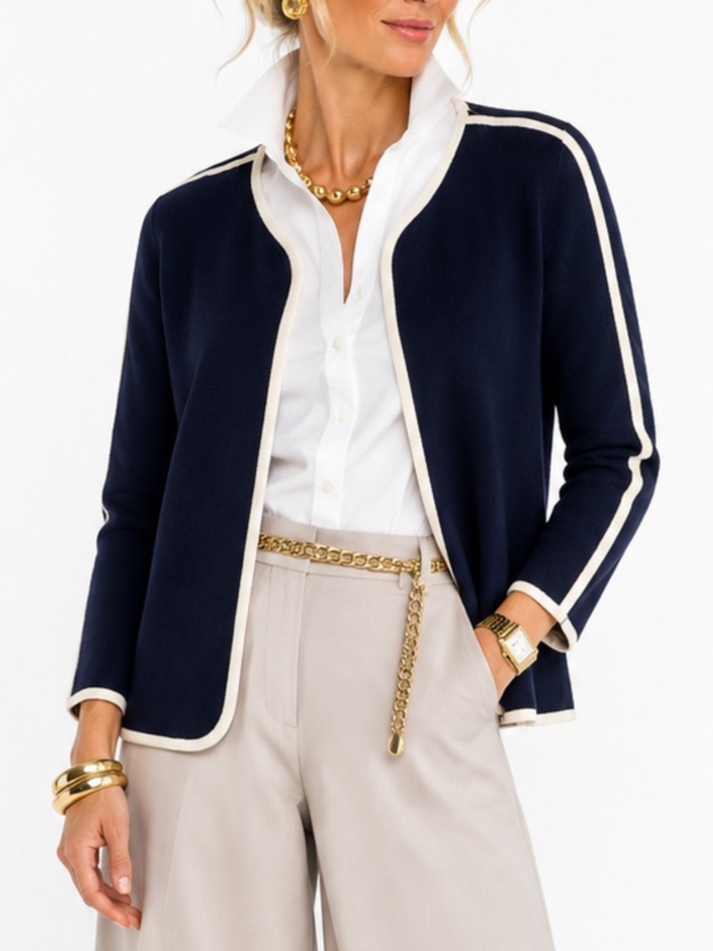 Brooks Brothers  Navy Cardigan Jacket With White Piping  SZ XLG EUC